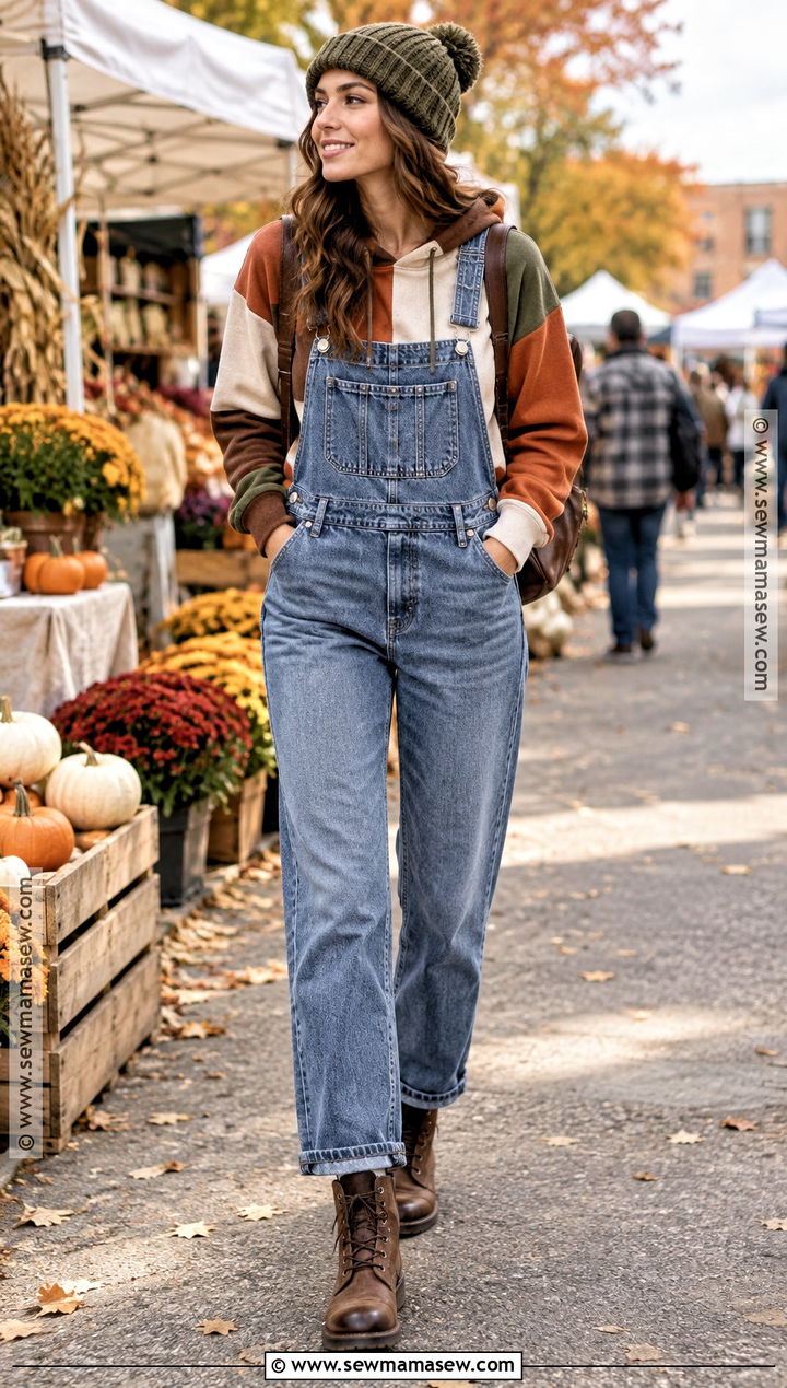 Patchwork Hoodie With Denim Overalls - 20 Fall Patchwork Hoodie Ideas