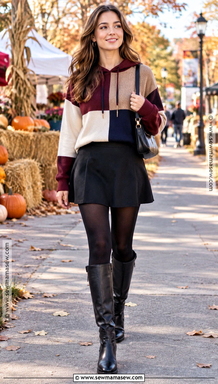 Patchwork Hoodie With Mini Skirt And Knee High Boots - 20 Fall Patchwork Hoodie Ideas