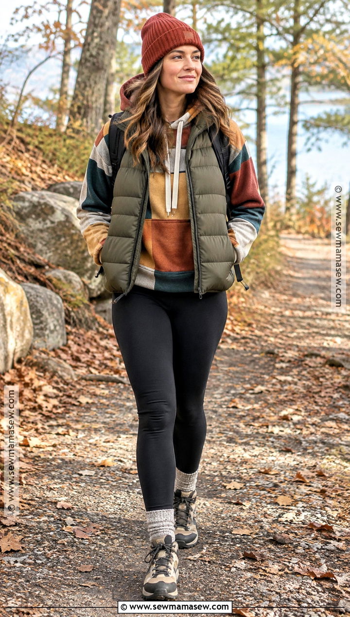 Patchwork Hoodie With Puffer Vest And Leggings - 20 Fall Patchwork Hoodie Ideas