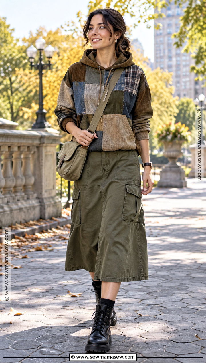 Patchwork Hoodie With Utility Midi Skirt - 20 Fall Patchwork Hoodie Ideas