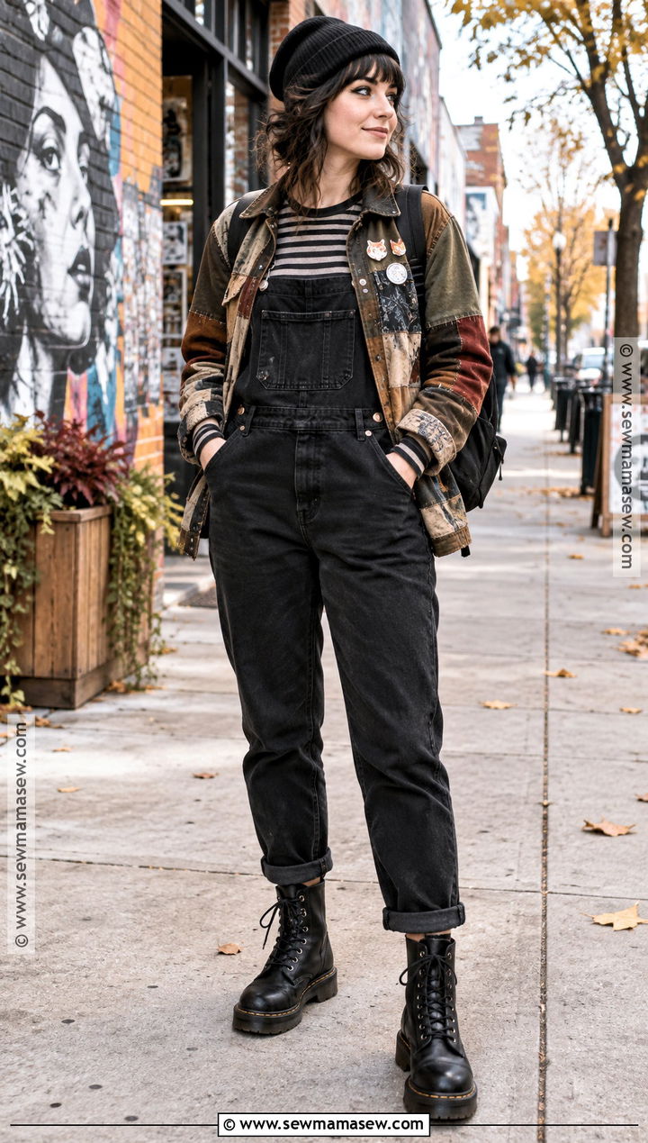 Patchwork Jacket And Black Overalls Fall Outfit - 25 alternative fall outfits