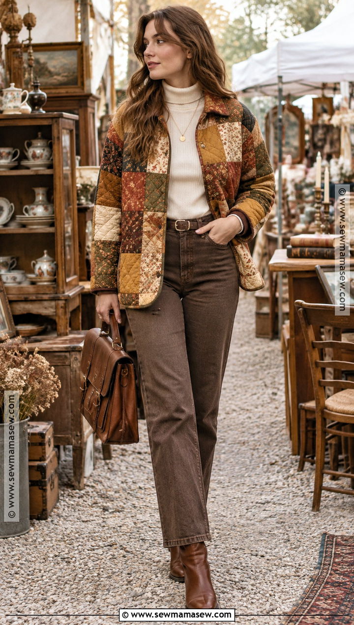 Patchwork Jacket And Brown Jeans Autumn Outfit - 25 autumn aesthetic outfit vintage ideas