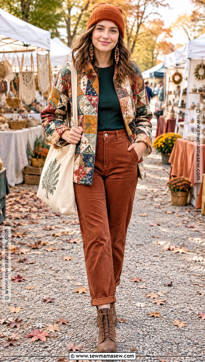 Patchwork Jacket And Corduroy Pants Outfit - 25 funky fall fashion ideas