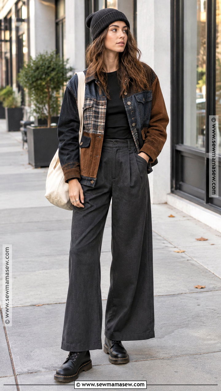 Patchwork Jacket And Wide Leg Pants Fall Outfit - 20 alternative fall fashion ideas