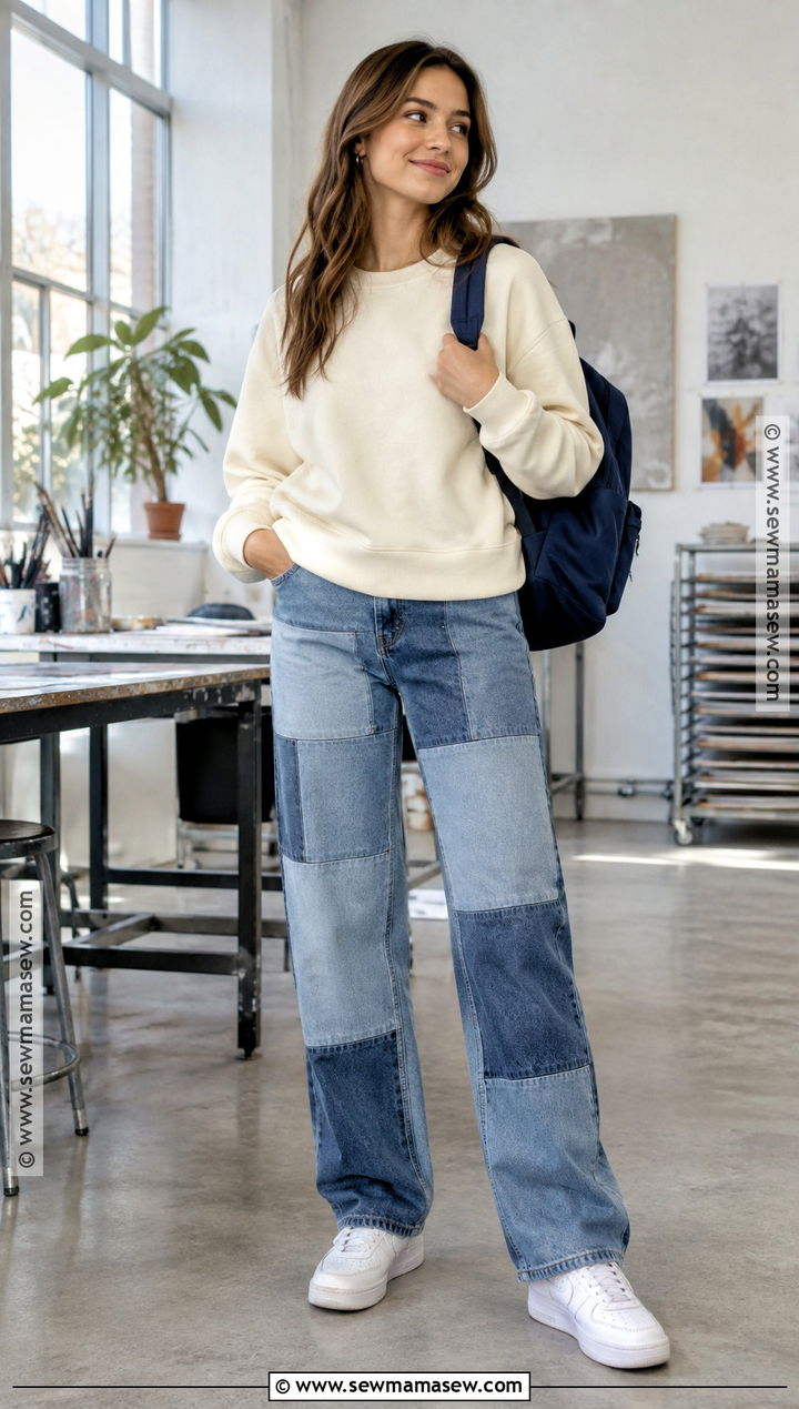 Patchwork Jeans And Plain Sweatshirt Outfit - 15 jeans outfit back to school