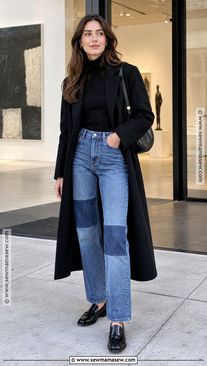 Patchwork Jeans With Black Turtleneck and Loafers - 20 Fall Fashion Jeans