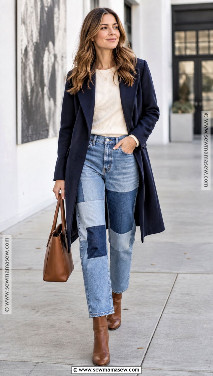 Patchwork Jeans With Simple Knit And Boots - 15 jeans for 2026 fall