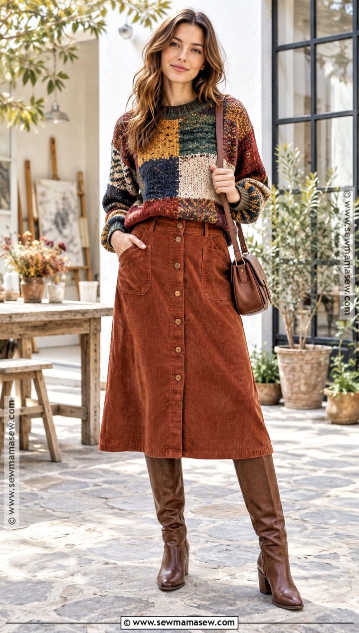 Patchwork Knit And Corduroy Skirt Outfit - 30 autumn 2026 outfits