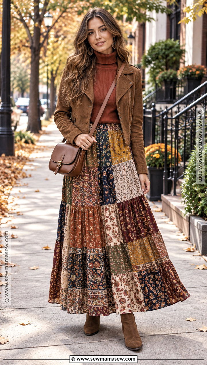 Patchwork Maxi Skirt And Turtleneck Fall Boho Outfit - 25 fall boho outfits