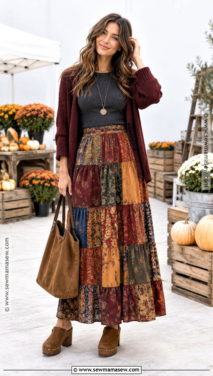 Patchwork Maxi Skirt With Cardigan And Platform Clogs - 15 boho skirt outfit fall ideas