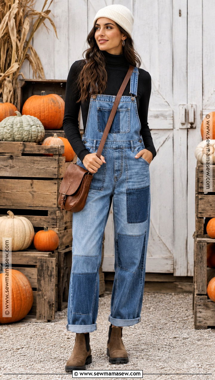 Patchwork Overalls With A Solid Turtleneck - 15 Pumpkin Patch Overalls