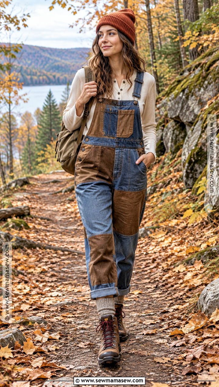 Patchwork Overalls With Henley and Hiking Boots - 15 Overalls Aesthetic Fall