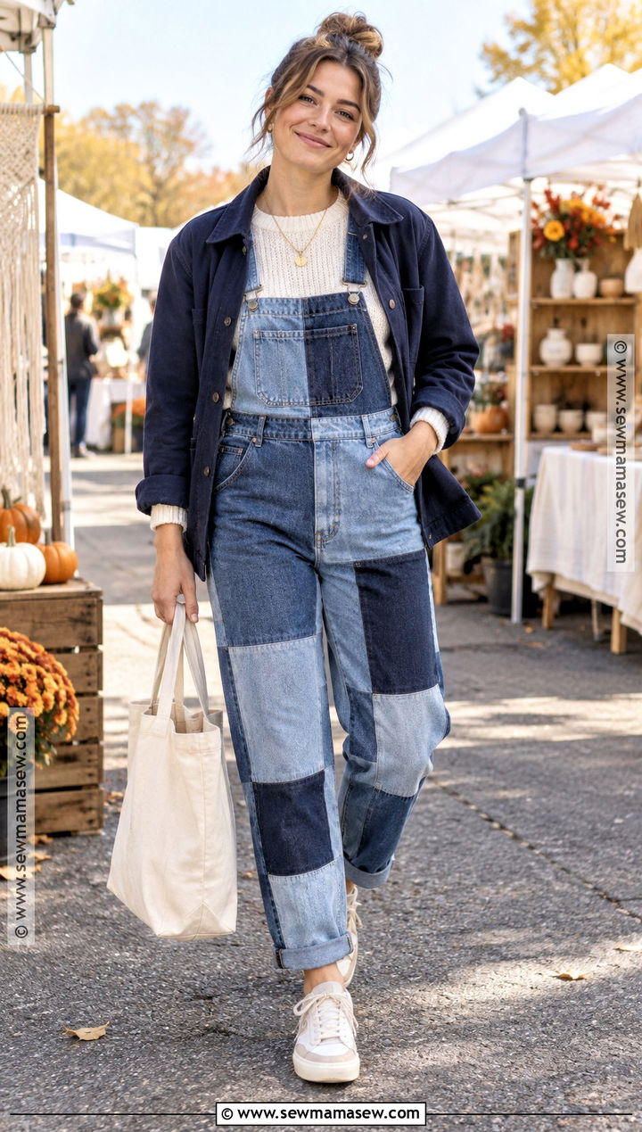 Patchwork Overalls With Solid Sweater And Neutral Sneakers - 25 overalls outfit fall