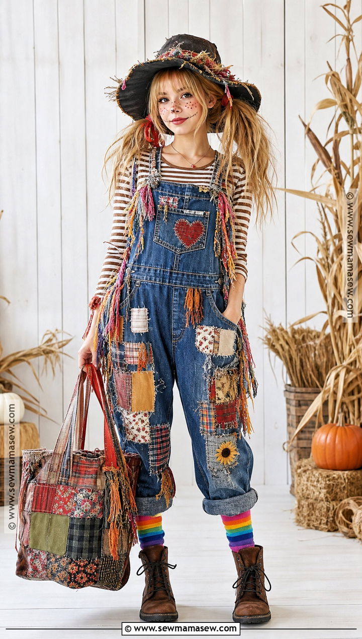 Patchwork Scarecrow Costume With Colorful Overalls - 50 scarecrow costume ideas
