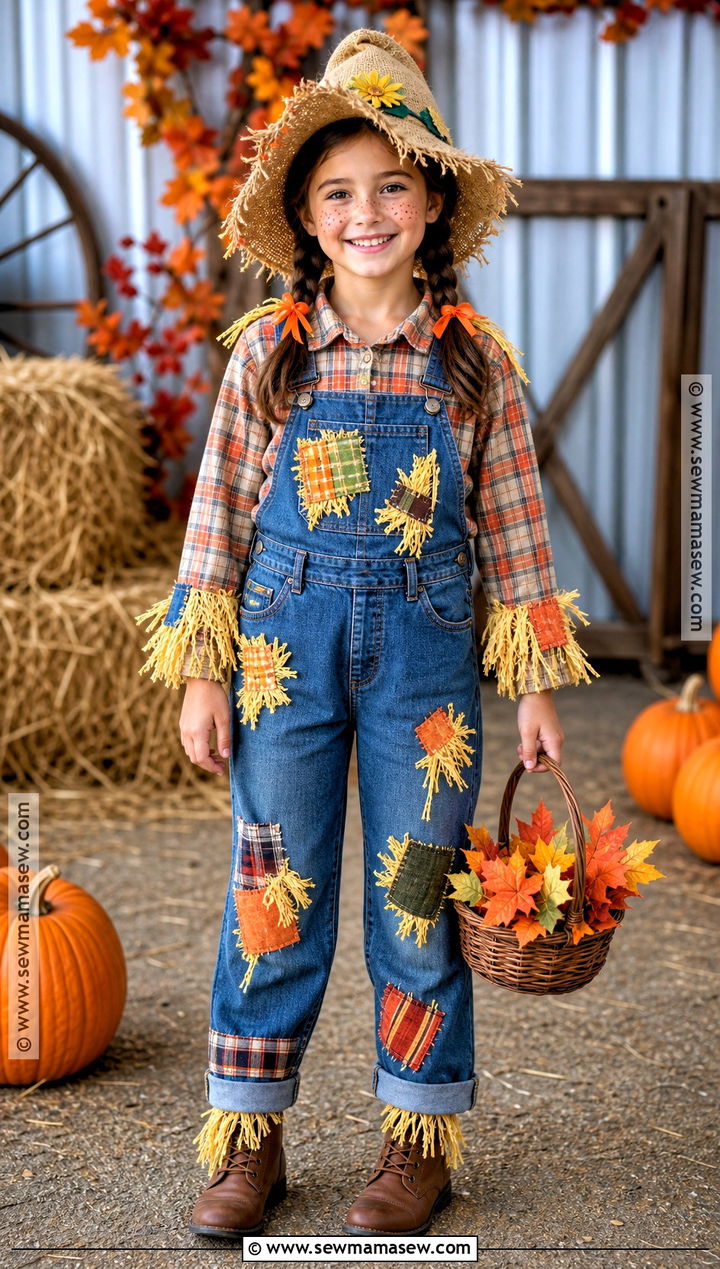 Patchwork Scarecrow Costume With Overalls - 40 halloween costume ideas for girls