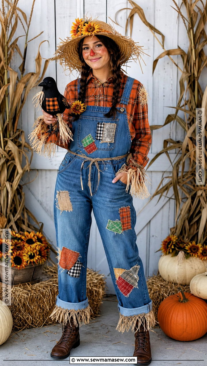 Patchwork Scarecrow Costume With Overalls - 35 Halloween Costume Solo Ideas