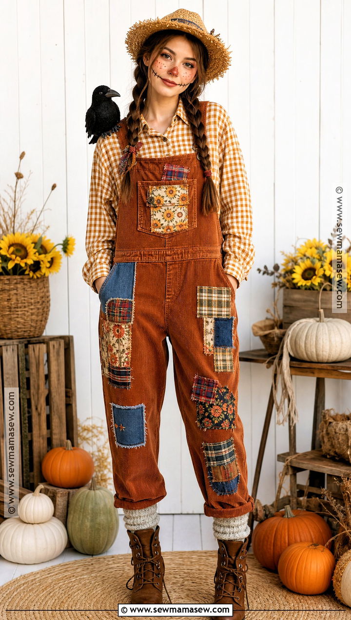 Patchwork Scarecrow Outfit With Corduroy Overalls - 30 scarecrow outfit ideas