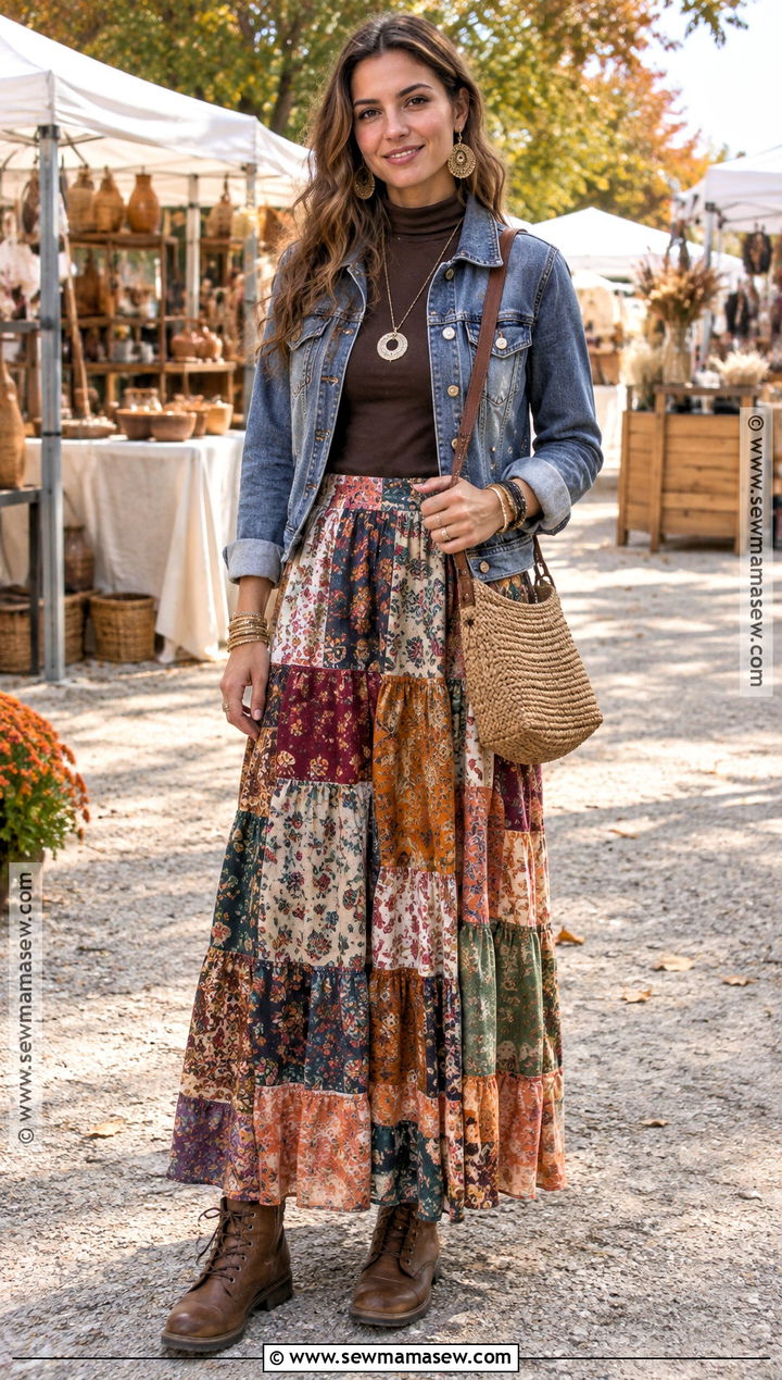Patchwork Skirt And Denim Jacket Autumn Hippie Outfit - 20 autumn hippie outfits