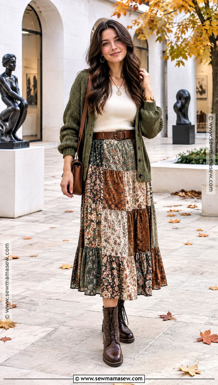 Patchwork Skirt With Knit Cardigan And Lace Up Boots - 20 Fall Whimsical Outfit Ideas