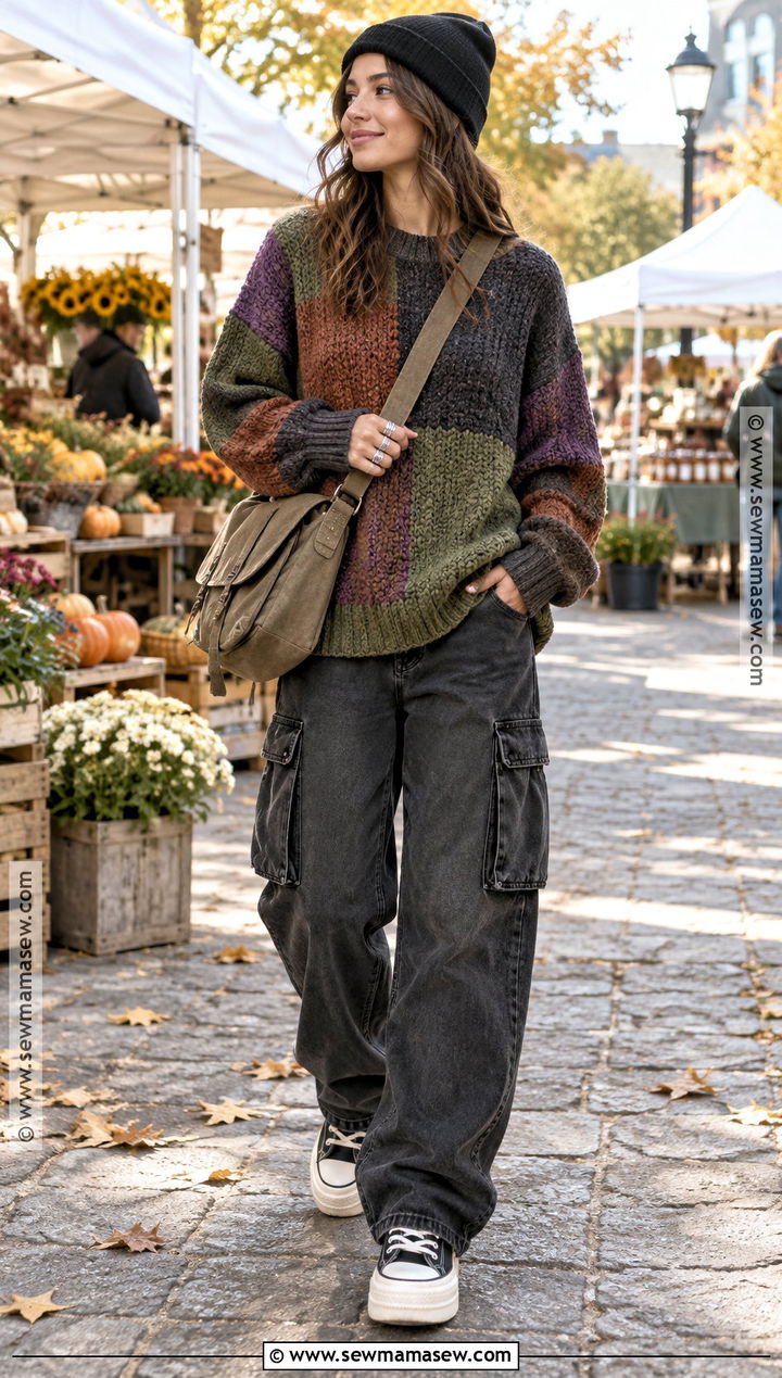 Patchwork Sweater And Cargo Jeans Autumn Outfit - 25 alt autumn outfits