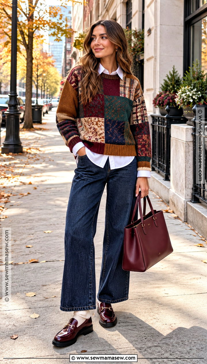 Patchwork Sweatshirt Over A Collared Shirt - 20 fall patchwork sweatshirt ideas