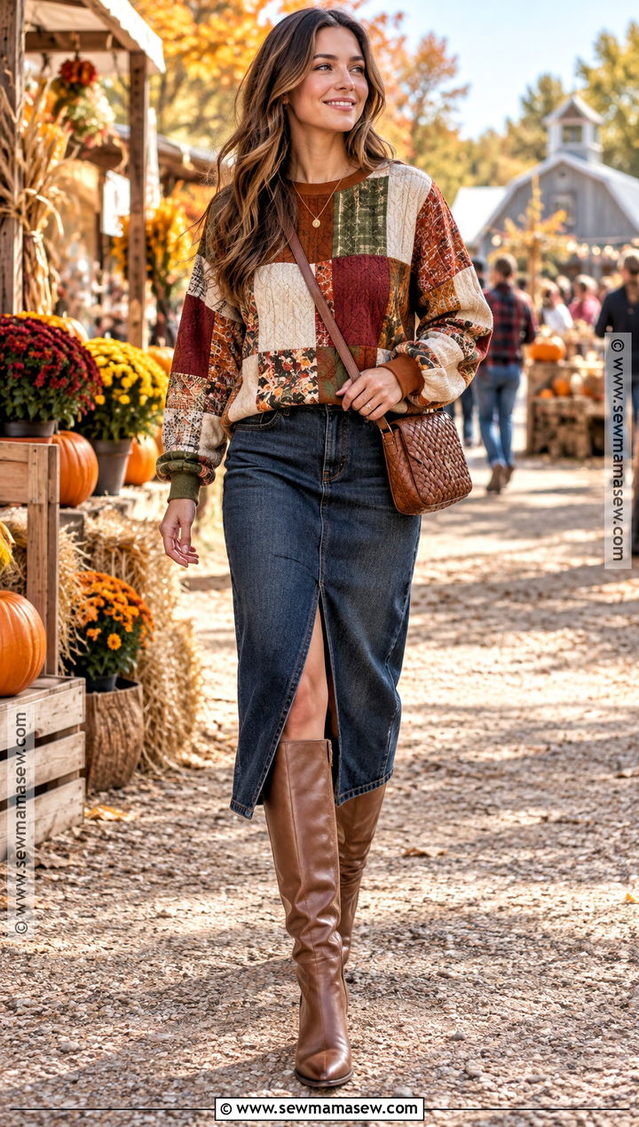 Patchwork Sweatshirt With A Denim Midi Skirt - 20 fall patchwork sweatshirt ideas
