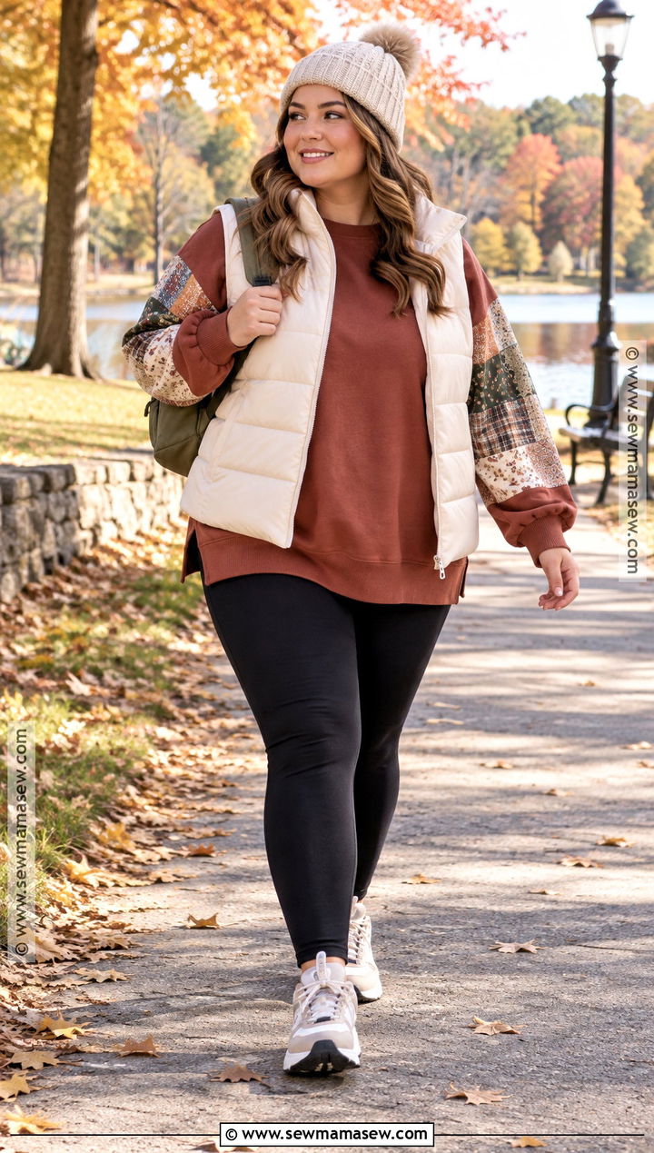 Patchwork Sweatshirt With A Puffer Vest And Leggings - 20 fall patchwork sweatshirt ideas