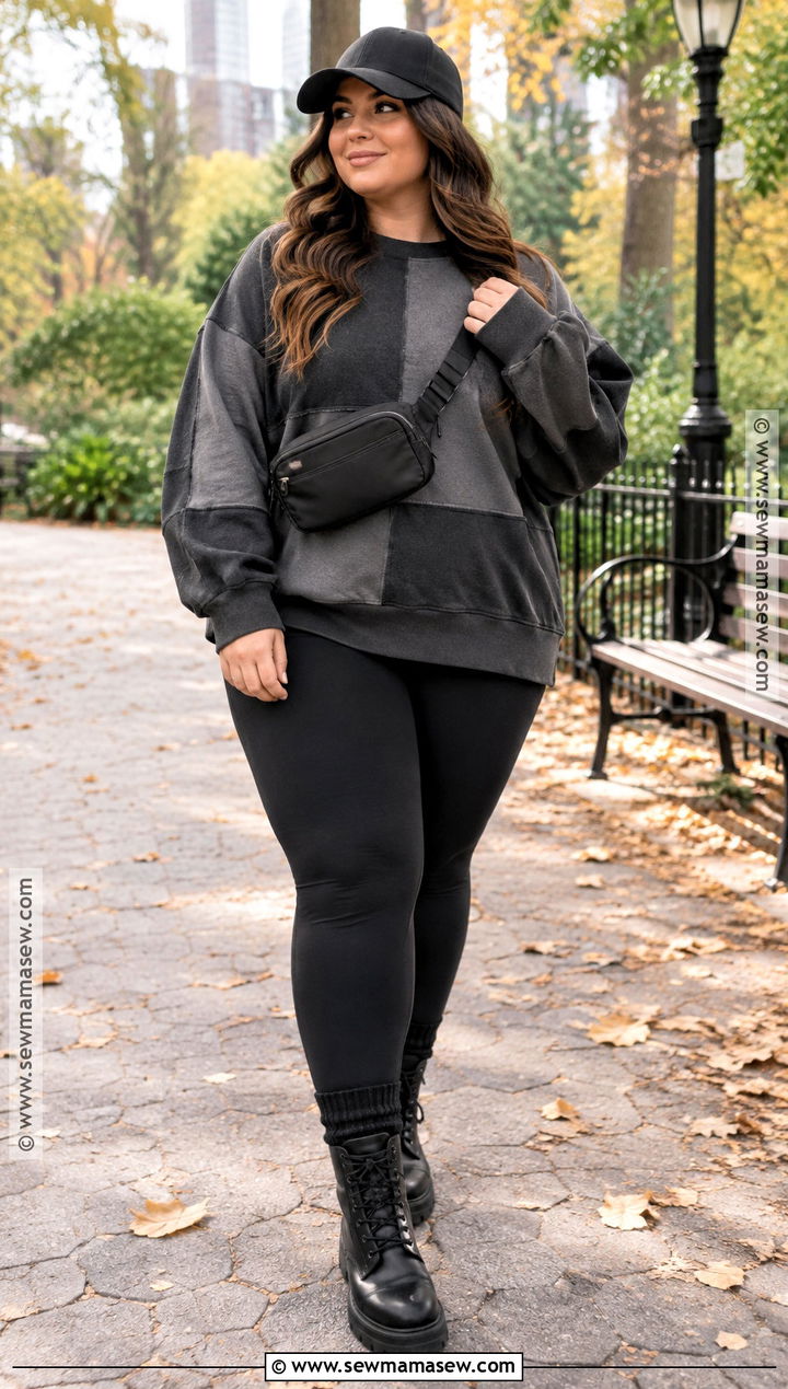 Patchwork Sweatshirt With Black Leggings - 20 fall patchwork sweatshirt ideas