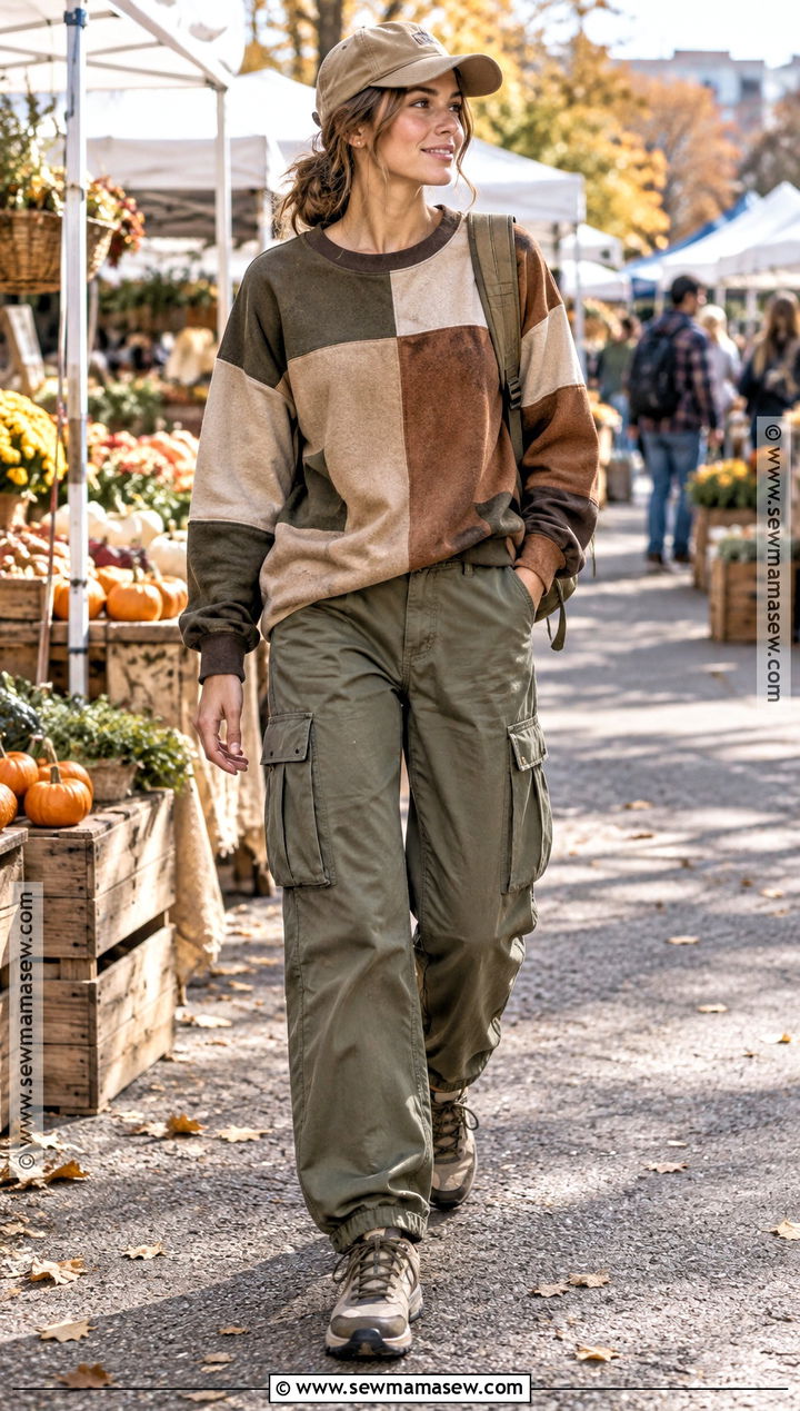 Patchwork Sweatshirt With Cargo Pants - 20 fall patchwork sweatshirt ideas
