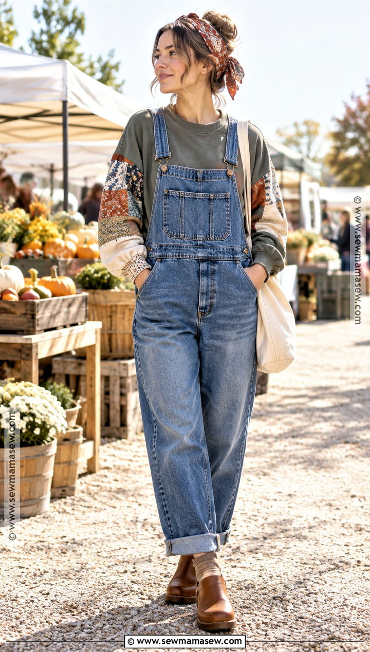 Patchwork Sweatshirt With Denim Overalls - 20 fall patchwork sweatshirt ideas