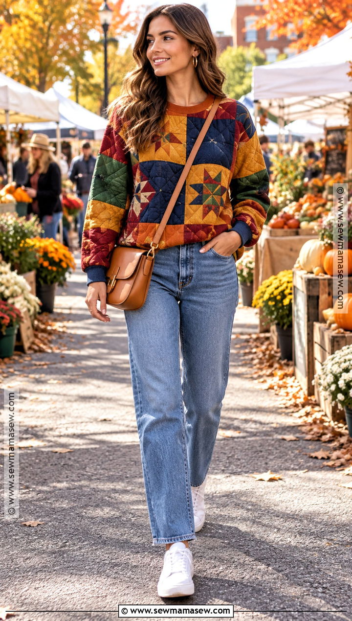 Patchwork Sweatshirt With Straight Leg Jeans - 20 fall patchwork sweatshirt ideas