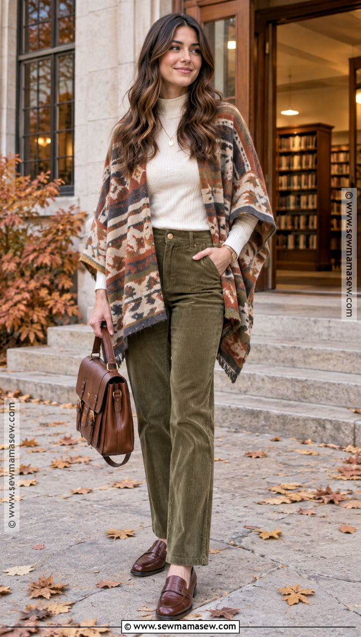 Patterned Knit Poncho With Corduroy Pants And Loafers - 15 Knit Poncho Fall Fashion Ideas