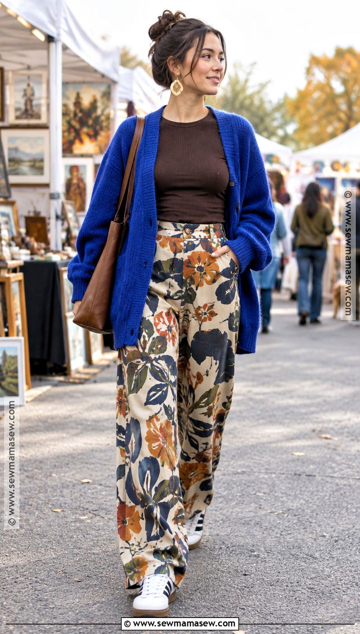 Patterned Pants And Oversized Cardigan Outfit - 25 funky fall fashion ideas