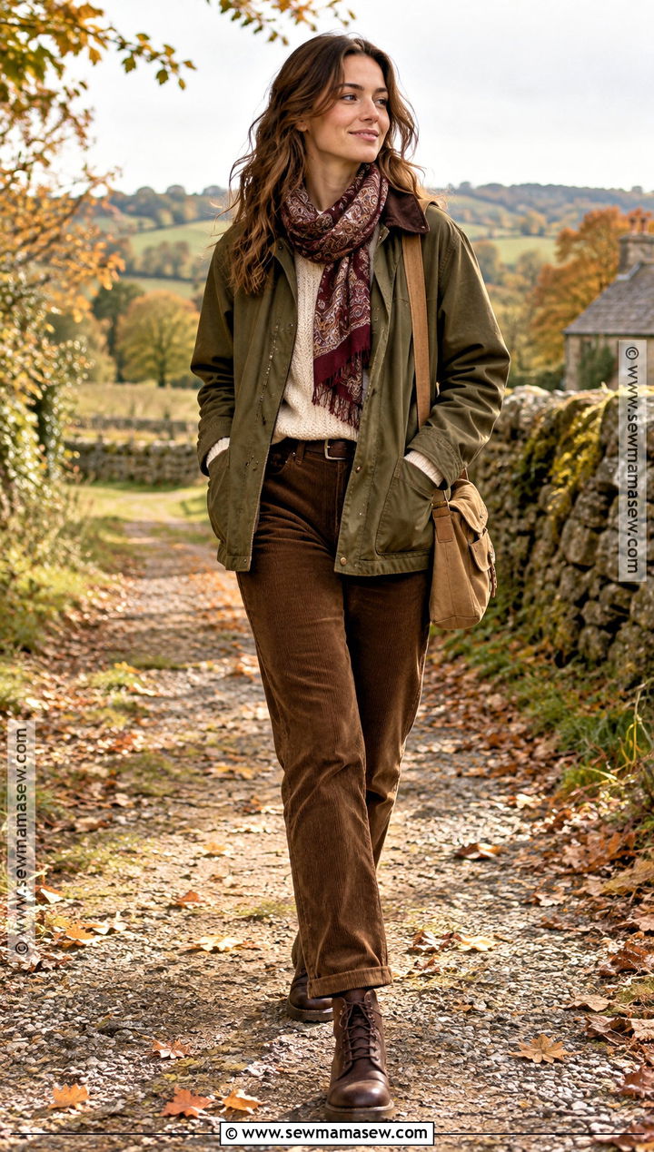Patterned Scarf With Barn Jacket And Corduroy Pants - 15 creative scarf ideas for fall