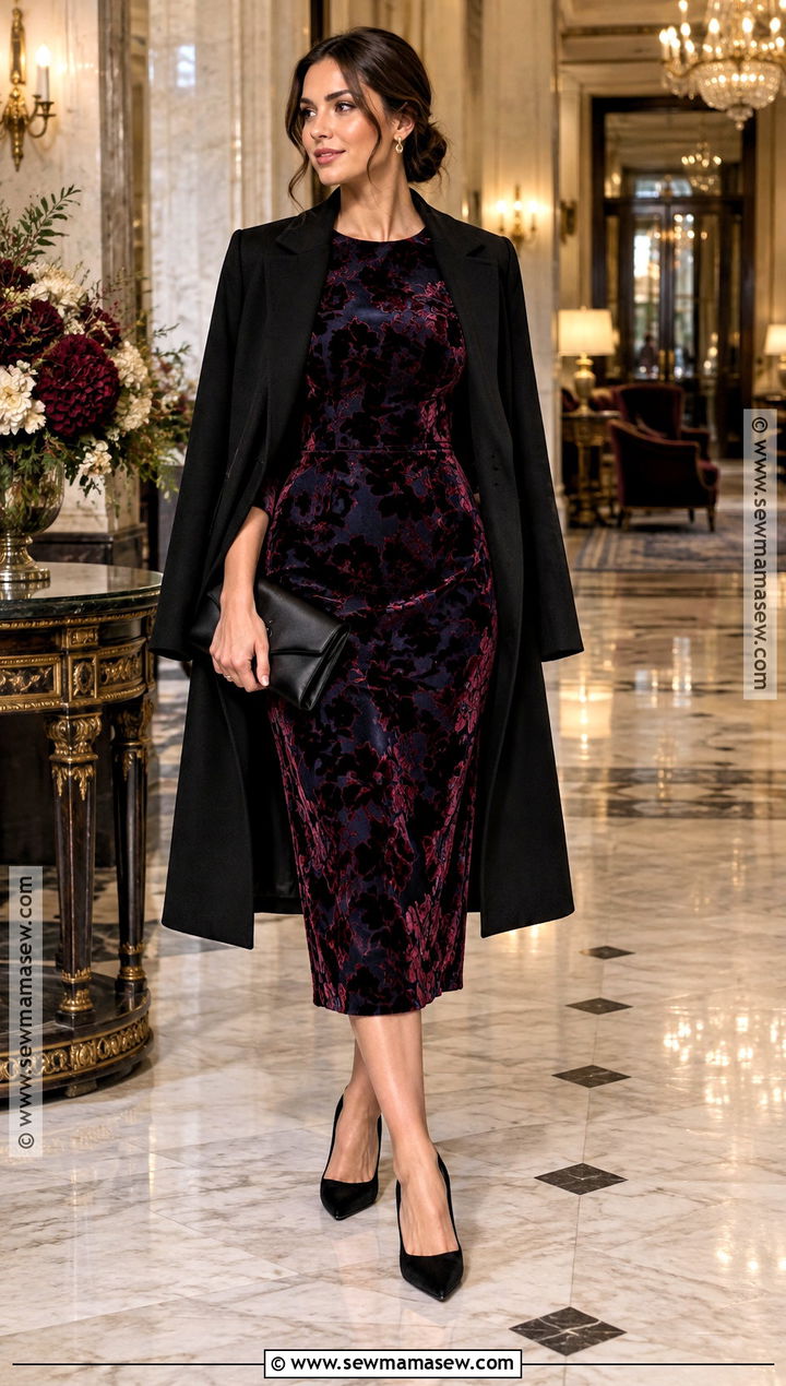 Patterned Velvet Midi Dress Fall Wedding Guest Outfit - 30 fall wedding guest outfit ideas