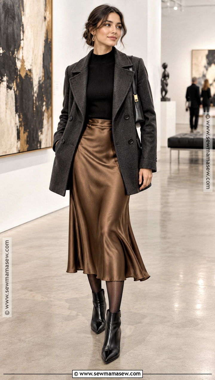 Pea Coat With A Satin Midi Skirt And Knit Top - 15 fall pea coat outfit ideas