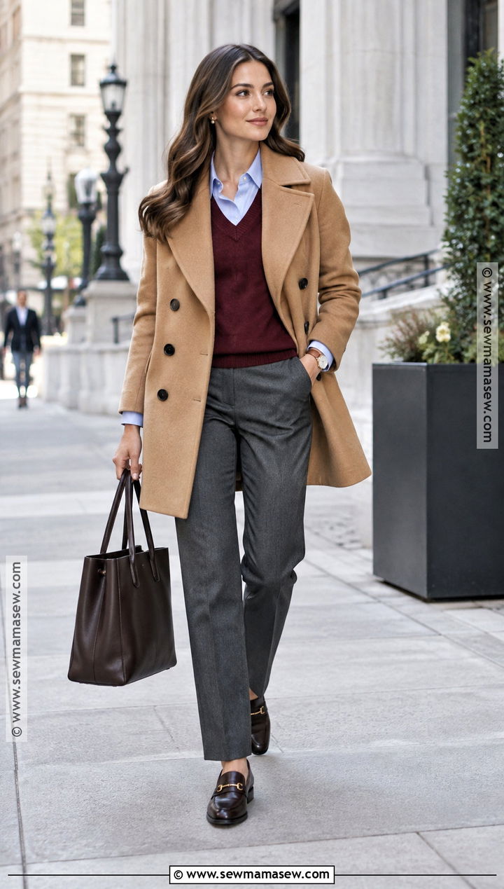 Pea Coat With A Sweater Vest And Tailored Trousers - 15 fall pea coat outfit ideas