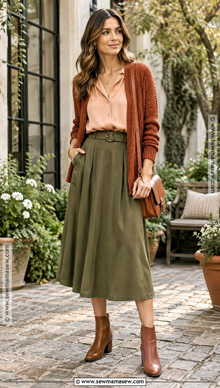 Peach Blouse and Olive Skirt Fall Outfit - 15 colorful fall fashion outfits