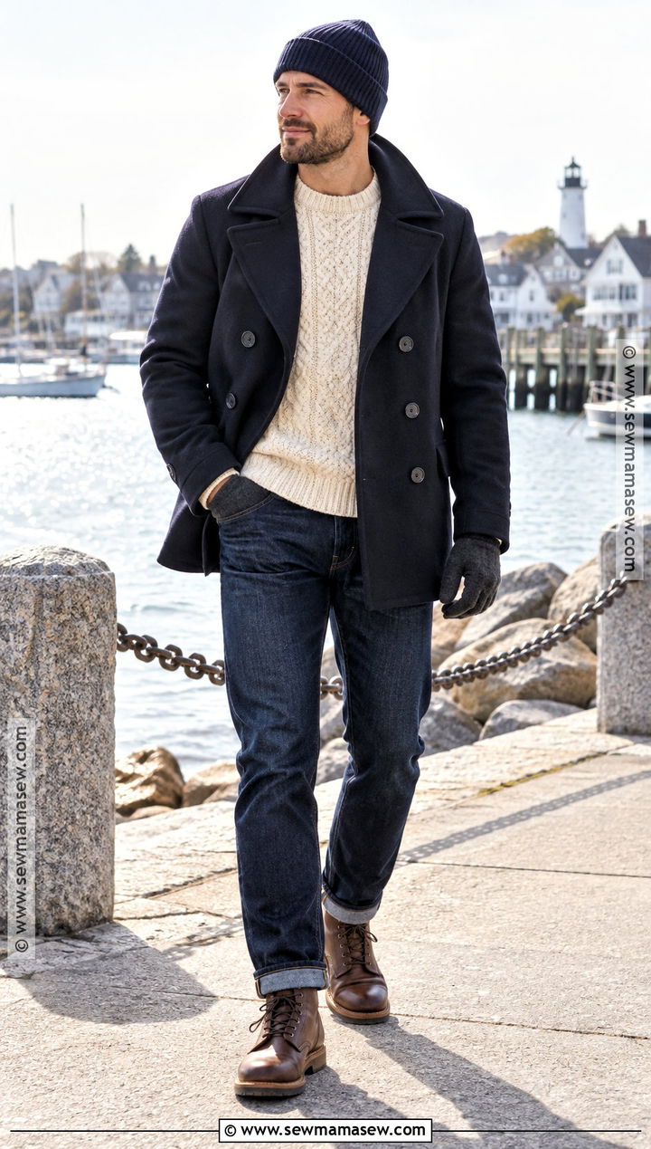 Peacoat And Fisherman Sweater Fall Outfit - 25 fall fashion ideas for men
