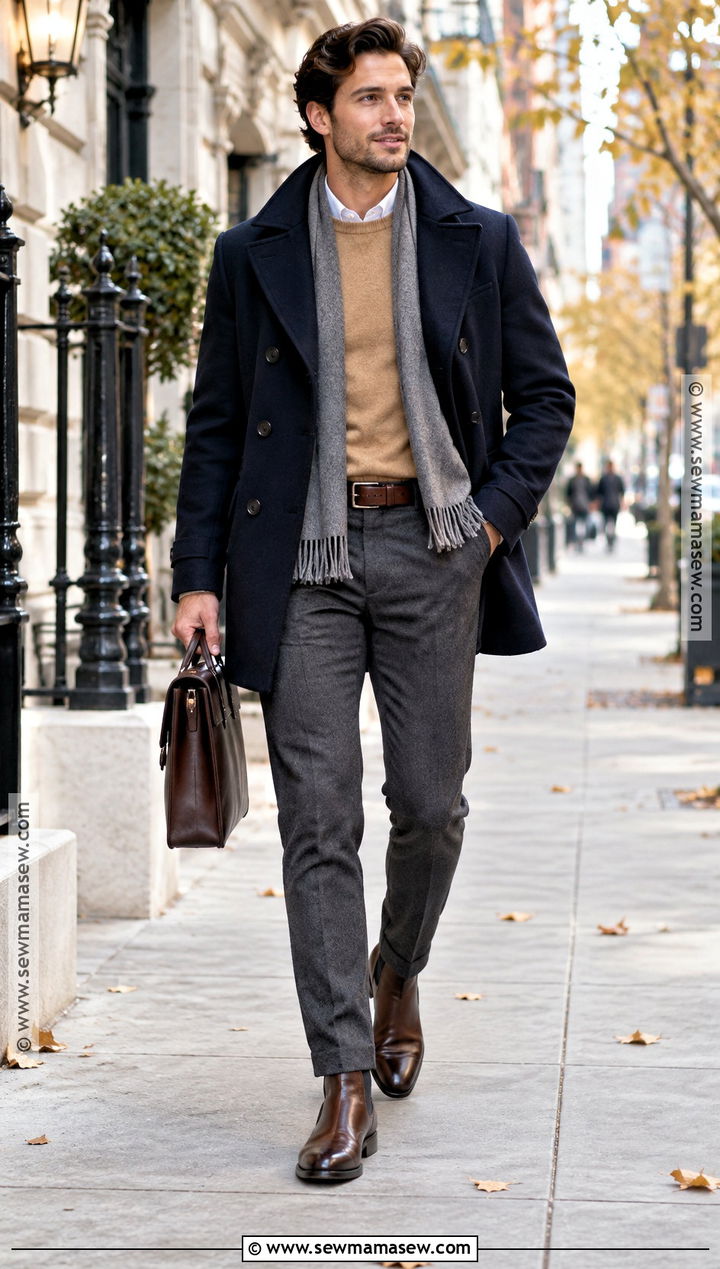 Peacoat Jacket With Sweater And Boots - 20 men fall jacket ideas