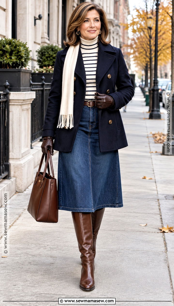Peacoat Jean A Line Skirt And Tall Boots - 25 jean skirt fall outfits