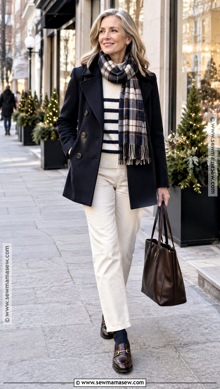 Peacoat White Jeans And Loafers Winter Outfit - 15 Outfit Inspo Fall And Winter Ideas
