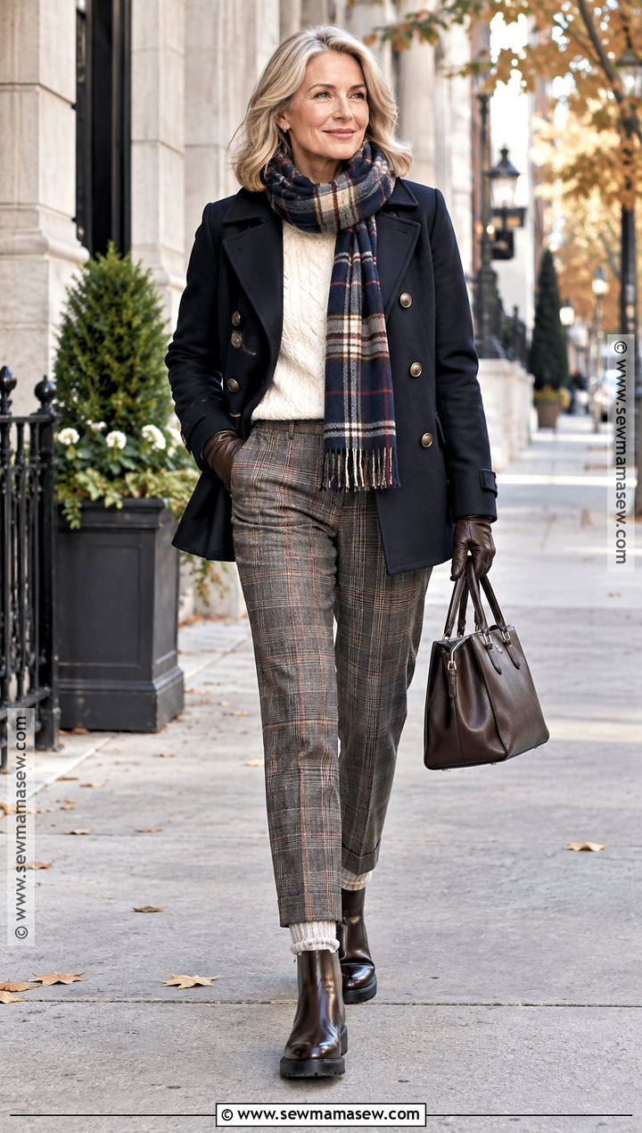 Peacoat With Cable Knit Sweater And Plaid Pants - 20 30 degree weather outfit fall ideas