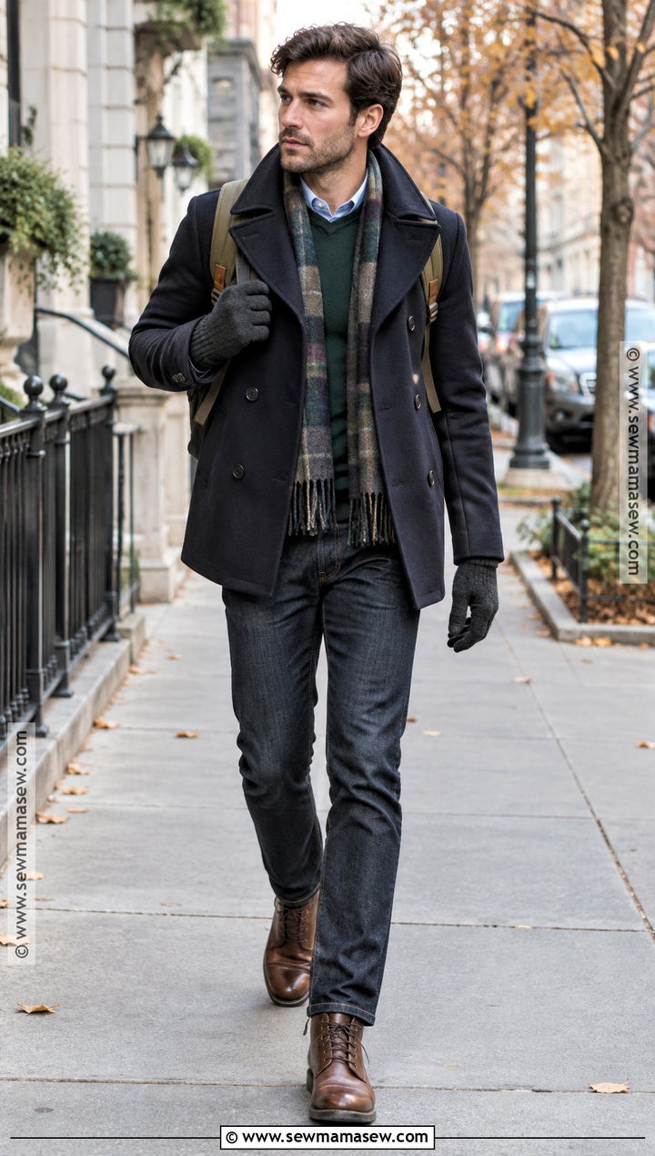 Peacoat With Crew Neck Sweater and Jeans - 20 Men Autumn Outfit Casual Ideas
