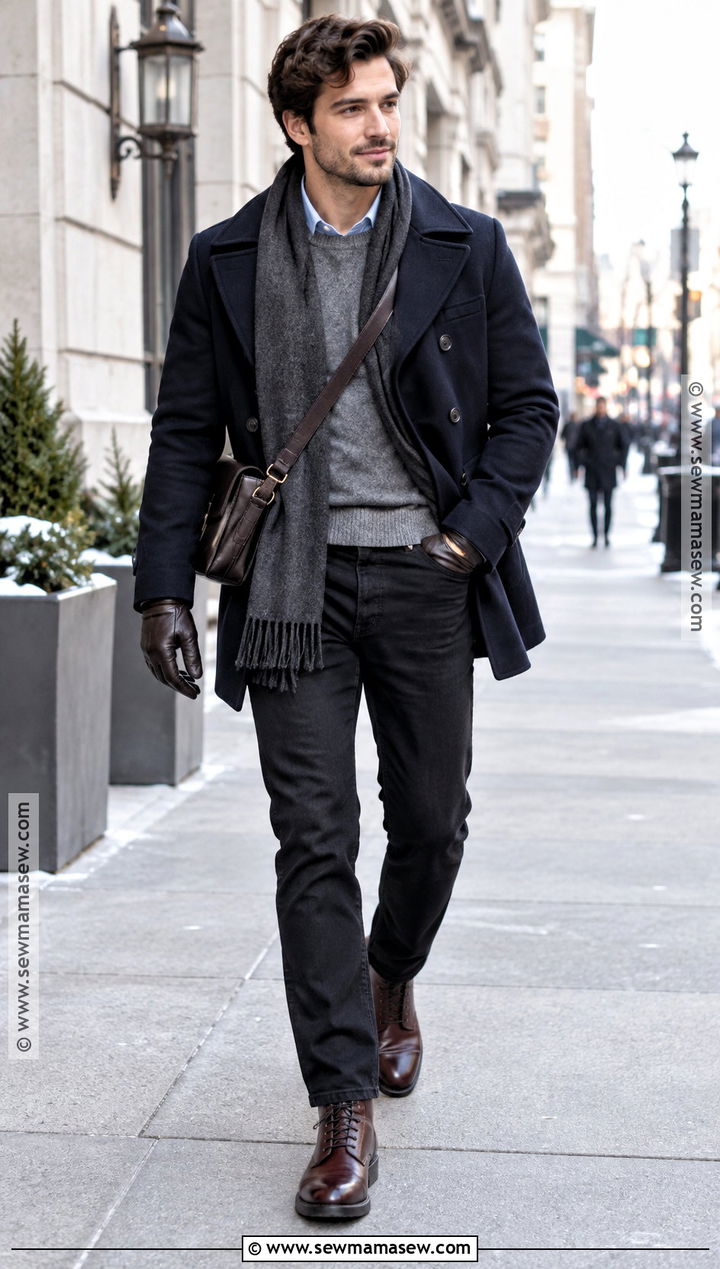 Peacoat With Crewneck Sweater And Black Jeans - 20 fall winter outfits for men