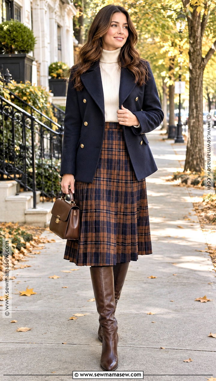 Peacoat With Plaid Midi Skirt - 15 christian fall fashion ideas