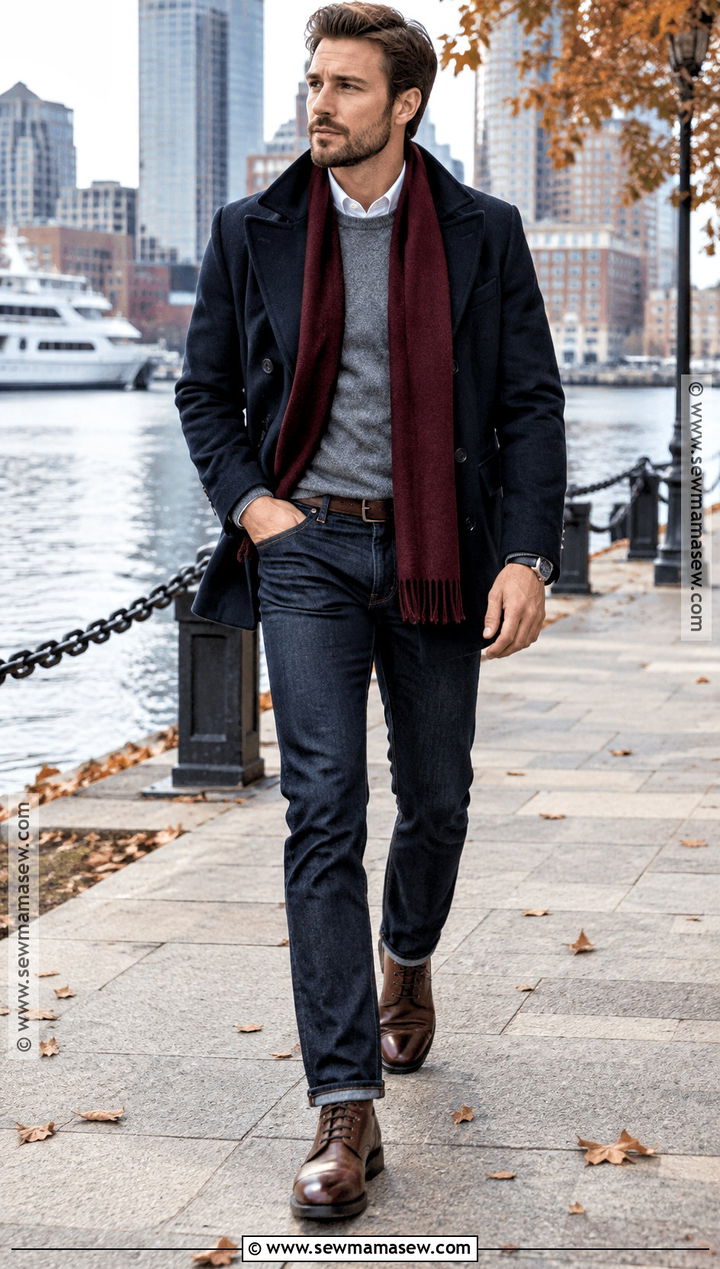 Peacoat With Scarf and Dark Denim - 20 fit inspo men autumn ideas