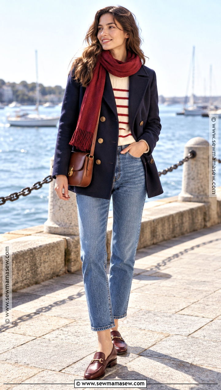 Peacoat With Striped Sweater And Jeans - 20 fall fashion coats