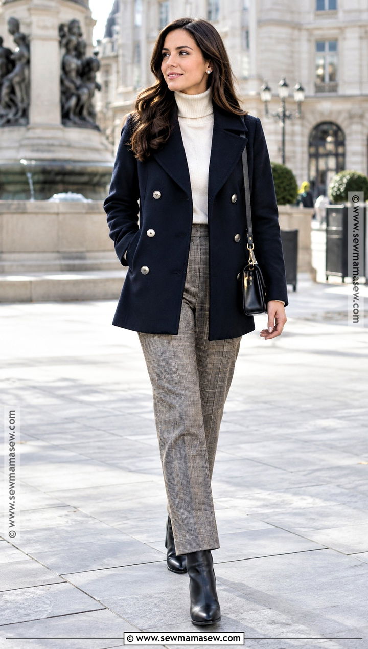 Peacoat With Turtleneck And Plaid Trousers Outfit - 25 fall and winter outfits