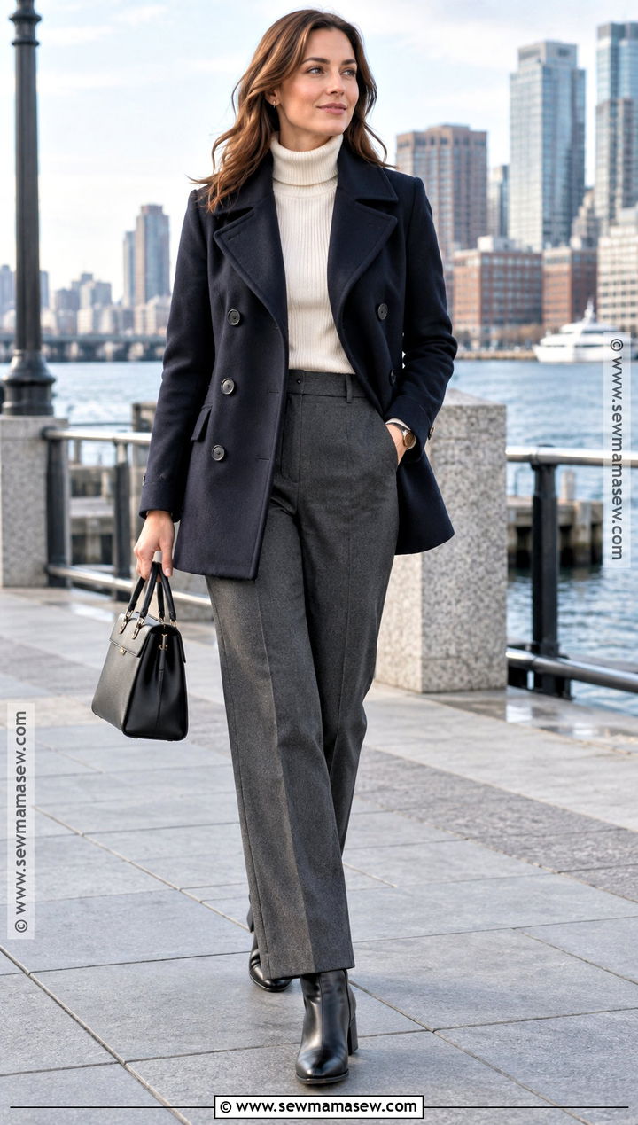 Peacoat With Turtleneck And Tailored Trousers - 25 fall chic outfits